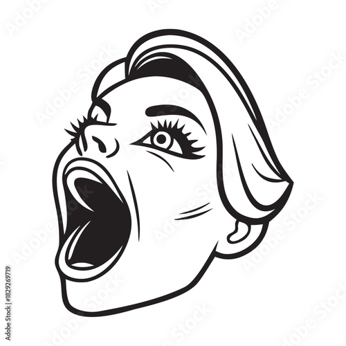 Dramatic black and white illustration of a woman s face with mouth wide open in a scream