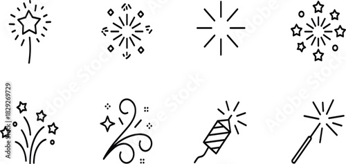 Set of Firework and Sparkler Line Icons; Explosion, Starburst, Rocket, Celebration, New Year Vector Graphics Symbols