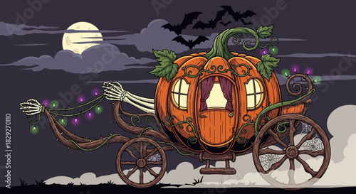 Whimsical pumpkin carriage under moonlight with bats is ready for a spooky Halloween adventure or magical fairytale celebration design element