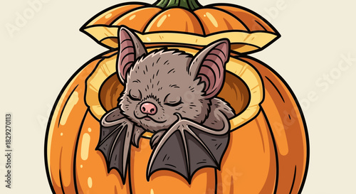 Adorable cartoon bat sleeping soundly in a hollow pumpkin for a cute Halloween design or playful autumn decoration, perfectly spooky and festive