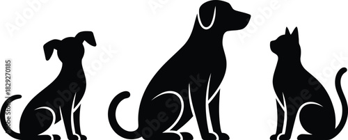 Black silhouettes of a small dog, a larger dog, and a cat sitting patiently together