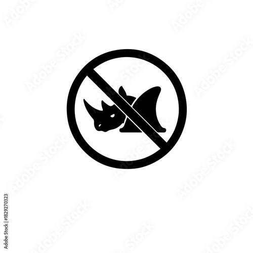 A black and white graphic featuring a rare animal silhouette (e.g., rhino horn or shark fin) inside a circle with a diagonal line, symbolizing the ban on poaching and illegal wildlife trade