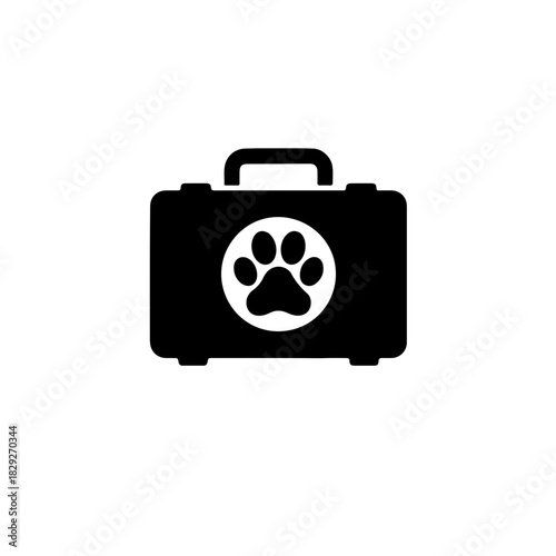Veterinary First Aid Icon. A black and white graphic of a First Aid Kit box labeled with a paw print symbol, representing animal health, medical care, and veterinary treatment