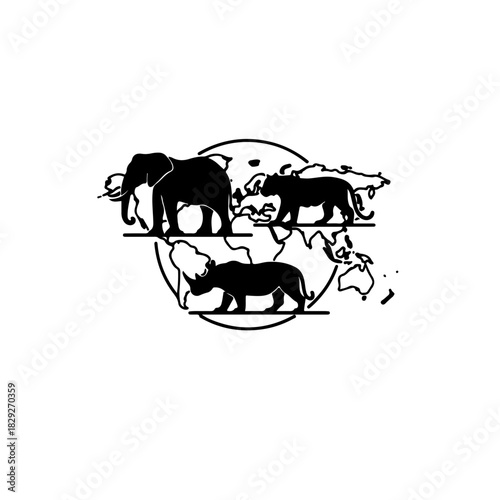 A simple black and white outline of the world map overlaid with silhouettes of iconic wildlife (elephant, rhino, tiger), stressing global conservation and endangered species awareness
