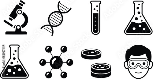 Collection of scientific equipment and biology related symbols in clean black and white icon format