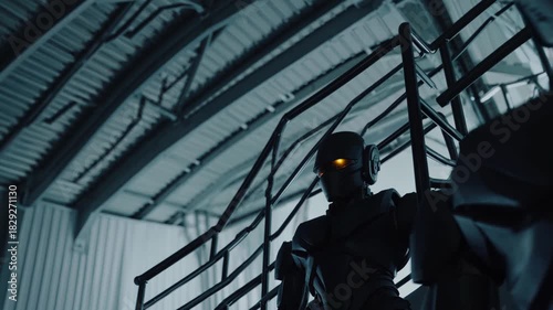 Dark humanoid robots with glowing orange eyes ascending metal industrial stairs, representing concepts of artificial intelligence, surveillance, and futuristic technology in a dystopian setting