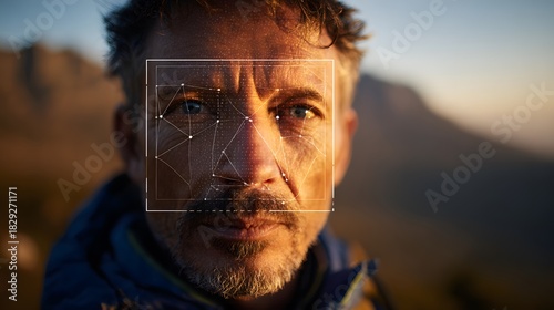Man with face recognition technology overlay in outdoor setting with mountains in the background
