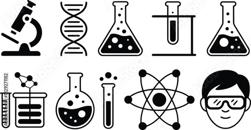Comprehensive set of laboratory equipment and scientific study icons in a clean graphic style