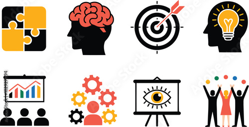 Colorful business icons representing creative thinking, strategic planning, collaborative work, and successful project outcomes