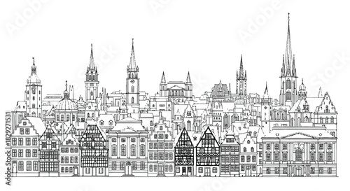 Detailed Sketch of European City Skyline with Historic Buildings.