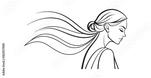Elegant sketch of a woman s profile with long flowing hair blowing in the wind