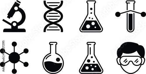 Essential collection of black icons representing scientific research tools and fundamental biological structures