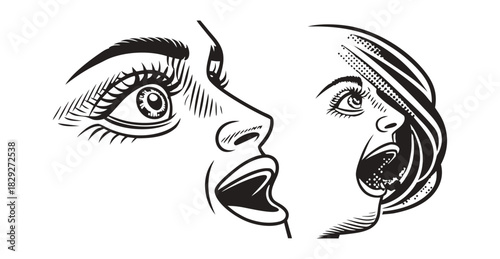 Close up black and white illustration of two surprised women faces with wide open mouths and eyes
