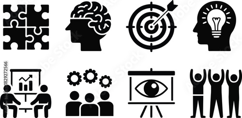 Essential business strategy and team collaboration icons showing problem solving and success goals