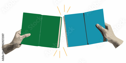 Two hands holding open books one green and one blue sharing knowledge