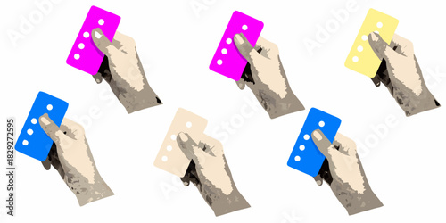 Hands holding colorful pill blister packs on white background