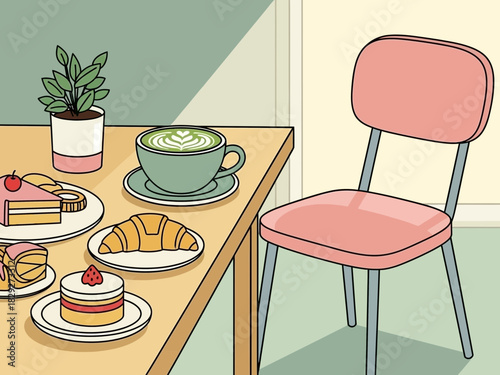 Enjoy matcha latte and delicious pastries at this charming cafe, perfect for a relaxing break or a delightful social gathering with friends today