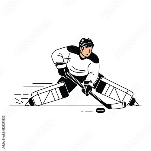 Hockey Player In Goalie Gear Stopping Puck With Stick On Ice Keywords: hockey, goalie