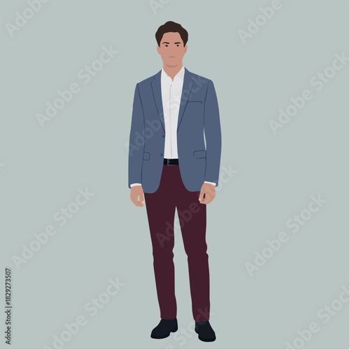Vector a full body illustration of a man in a suit jacket, white shirt, and maroon pants standing up