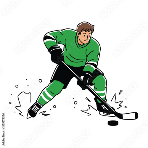 Hockey player in green uniform playing with stick and puck Keywords: hockey, player, ice hockey