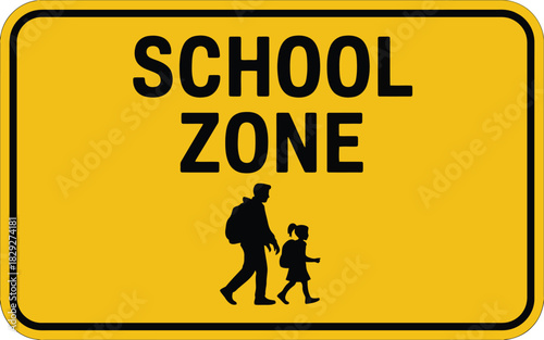 A bright yellow rectangular sign warns drivers about a school zone with walking child safety