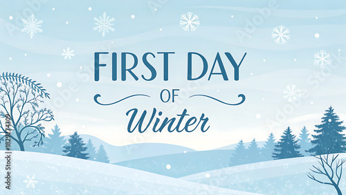 First day of winter illustration with snowfall and snowy landscape featuring trees and hills
