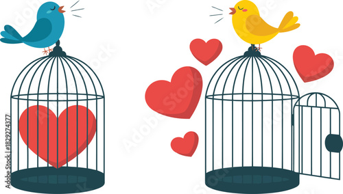 Happy blue bird sings above a heart in a closed cage near a yellow bird with an open cage