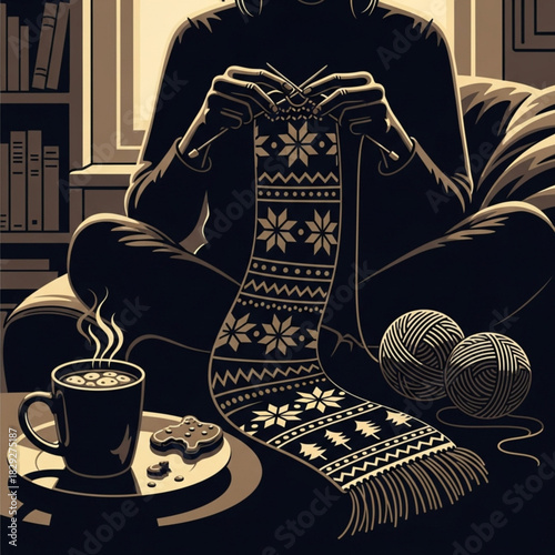A person knitting a long detailed scarf with winter holiday patterns.