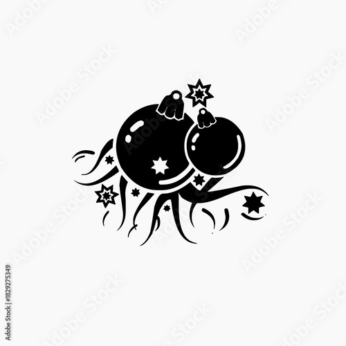 Black and white illustration of two Christmas baubles or ornaments surrounded by swirling confetti and stars, symbolizing holiday celebration.