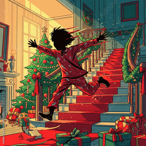 Excited child in red pajamas running down the stairs with arms outstretched.