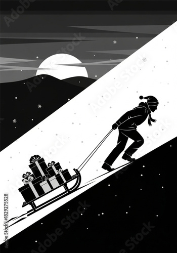 Silhouette of a person pulling a sled loaded with Christmas presents up a steep snowy hill.