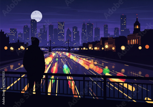 A solitary figure in silhouette stands on a bridge overlooking the city.