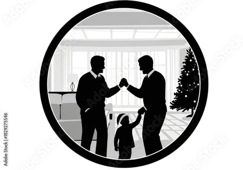 Silhouette of a loving gay couple with their child sharing a fist bump.
