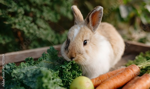 rabbit eating fresh leafy greens and carrots and fruits