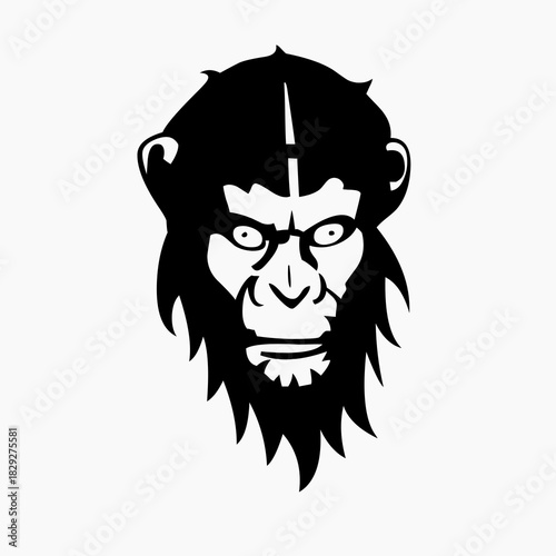 Detailed black and white illustration of an angry or intense chimpanzee head with a furrowed brow and shaggy beard or mane.
