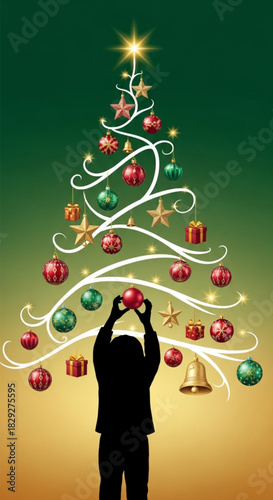 Silhouette of a child decorating a stylized glowing Christmas tree.