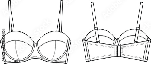 Bra, technical sketch, front view, back view, underwire, molded cups, adjustable straps, fashion design, garment, vector,