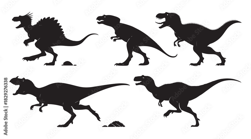 Naklejka premium Collection of diverse predatory dinosaur silhouettes on white background. Vector