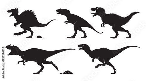 Collection of diverse predatory dinosaur silhouettes on white background. Vector