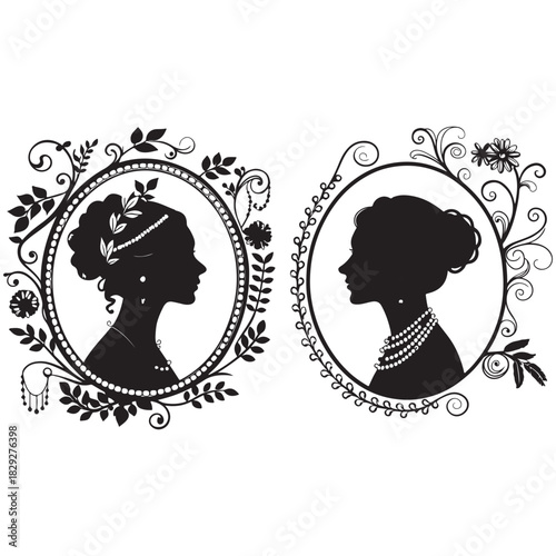 Elegant vintage female silhouettes in ornate floral frames, facing each other Vector