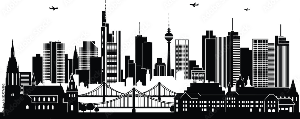 Obraz premium Frankfurt city skyline silhouette with skyscrapers and bridge, urban panorama with airplanes, cad drawing flat vector illustration
