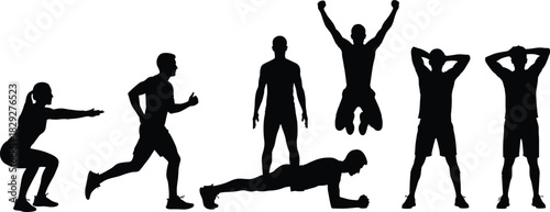 Fitness training silhouette collection, men and women workout poses, running jumping and plank exercises, cad drawing flat vector illustration