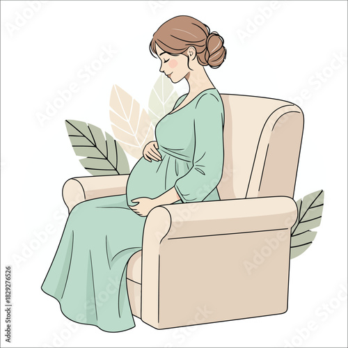 Pregnant woman in a dress sitting on a chair holding her belly Keywords: pregnant, woman