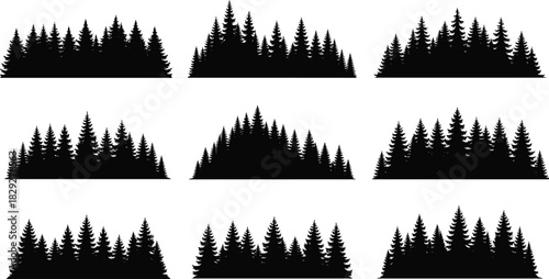 Black Silhouette Pine Forest Tree Line Vector Set: Coniferous Wood, Nature Landscape, Spruce Fir Trees, and Outdoor Wilderness Graphics