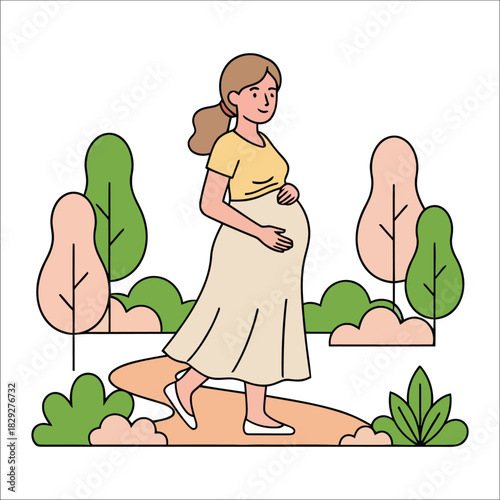 Pregnant Woman Walking in a Park with Trees and Bushes nature