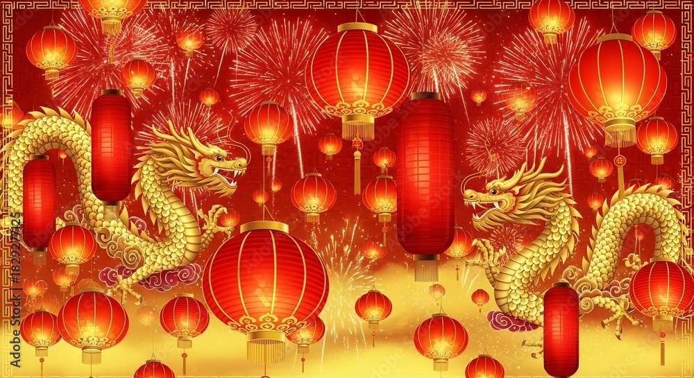Fototapeta premium Vibrant chinese new year celebration with red lanterns, golden dragons, and fireworks