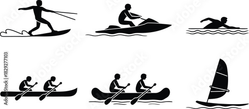 Six black silhouette icons depict various exciting water sports activities including waterskiing, jet skiing, and canoeing