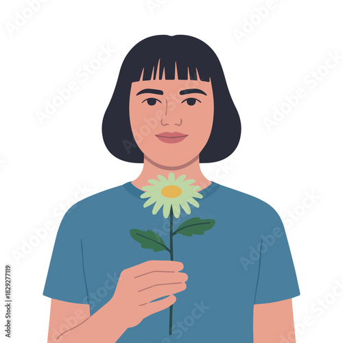 Vector a woman with short dark hair holding a pale yellow daisy flower in her hand against white background