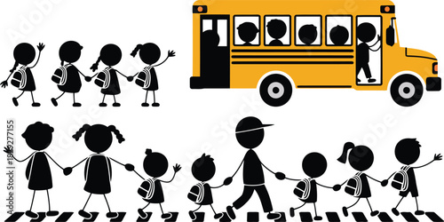 Stick figures of happy school children walking to a yellow school bus and crossing the street