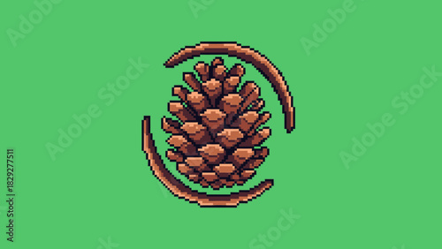Pixel art illustration of a brown pine cone with two curved wooden elements on a vibrant green background, depicting natural forest elements.